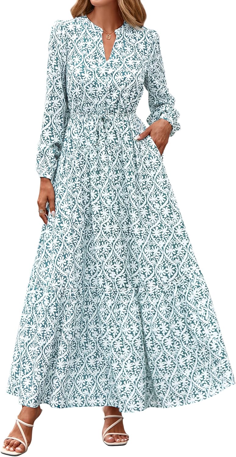BTFBM Women Boho Maxi Dress Fall Fashion 2025 Floral Long Sleeve V Neck Button Pockets Flowy Vacation Wedding Dresses