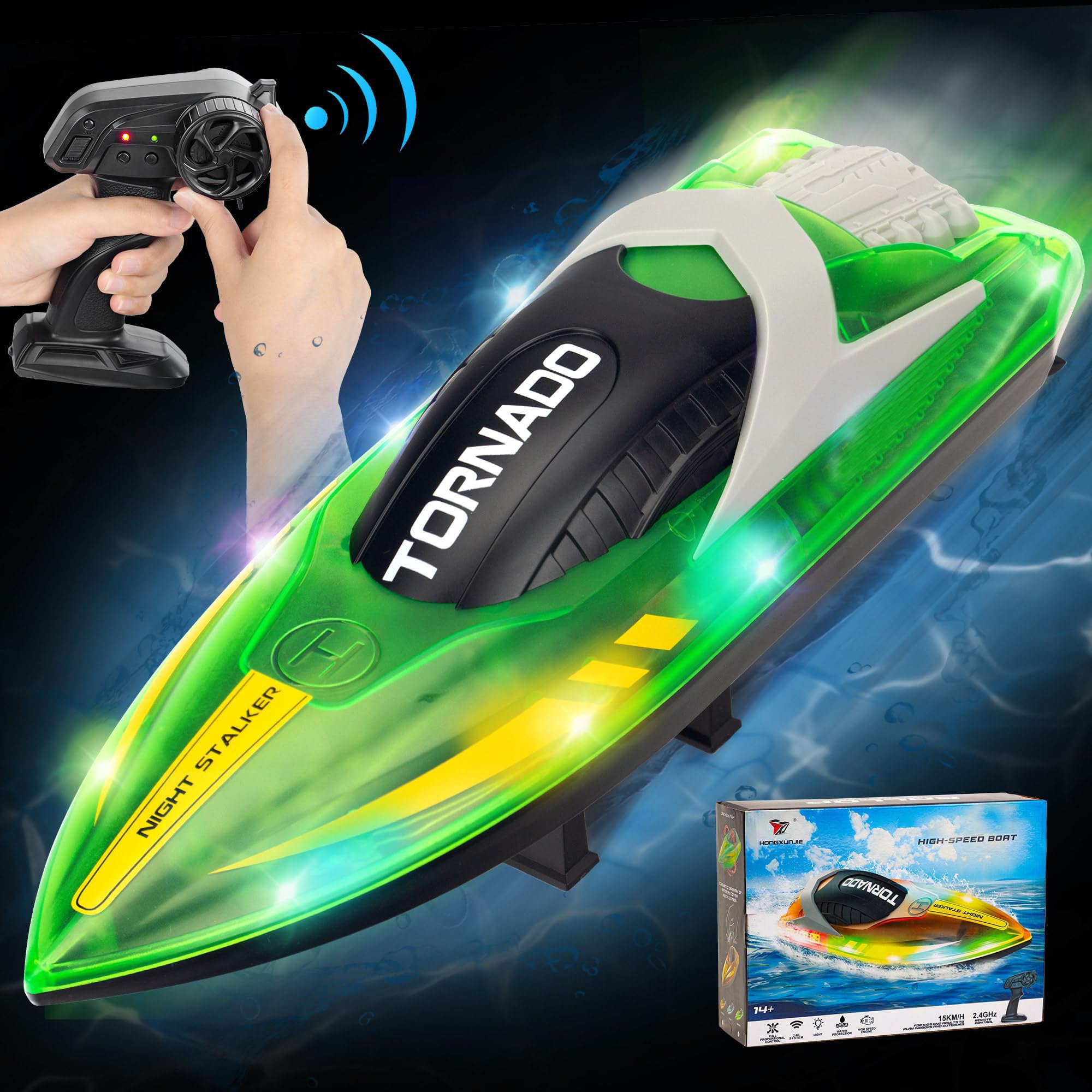 NALACAL RC Boat for Kids 8-12, 15+ MPH Fast Remote Control Boat with LED Lights, Extra Long Battery Endurance, Low Battery Warning, 2.4G RC Electric Boats Pool and Lakes Toys for Adults (Green)