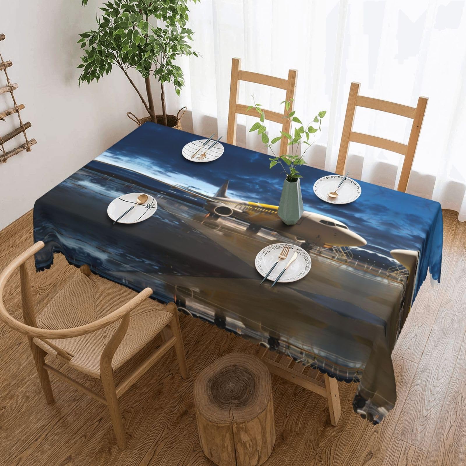 HLSBSSL Airplane In The Evening Light Patterned square lace tablecloth, wrinkle-resistant and durable, suitable for dining tables, parties, etc.