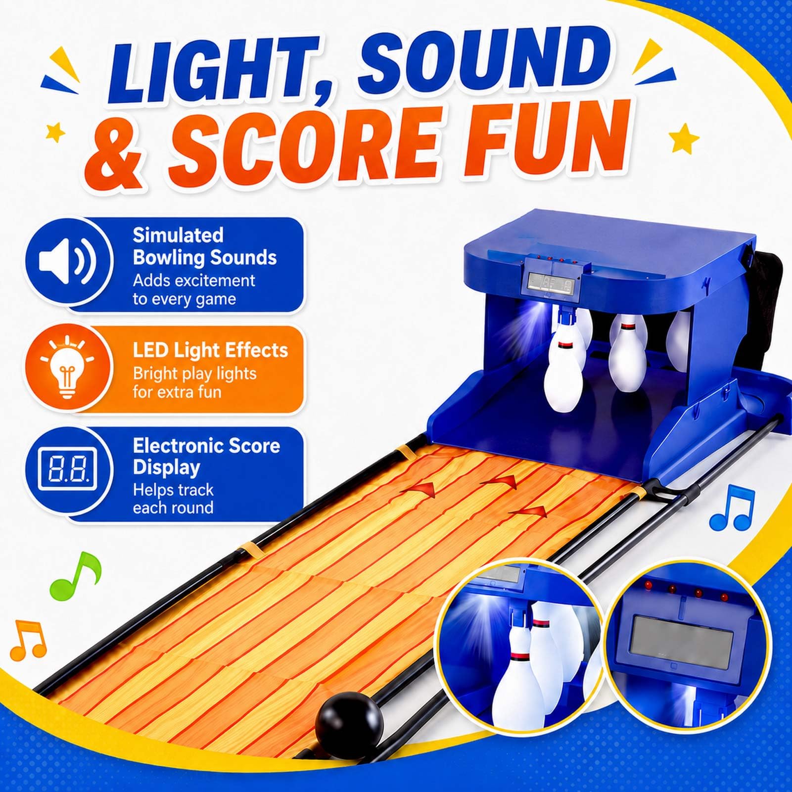 Juego de bolos electrónico, máquina de bolos de reinicio automático con marcador LED, efectos de luz y sonido, juego plegable para interiores para diversión familiar y fiestas