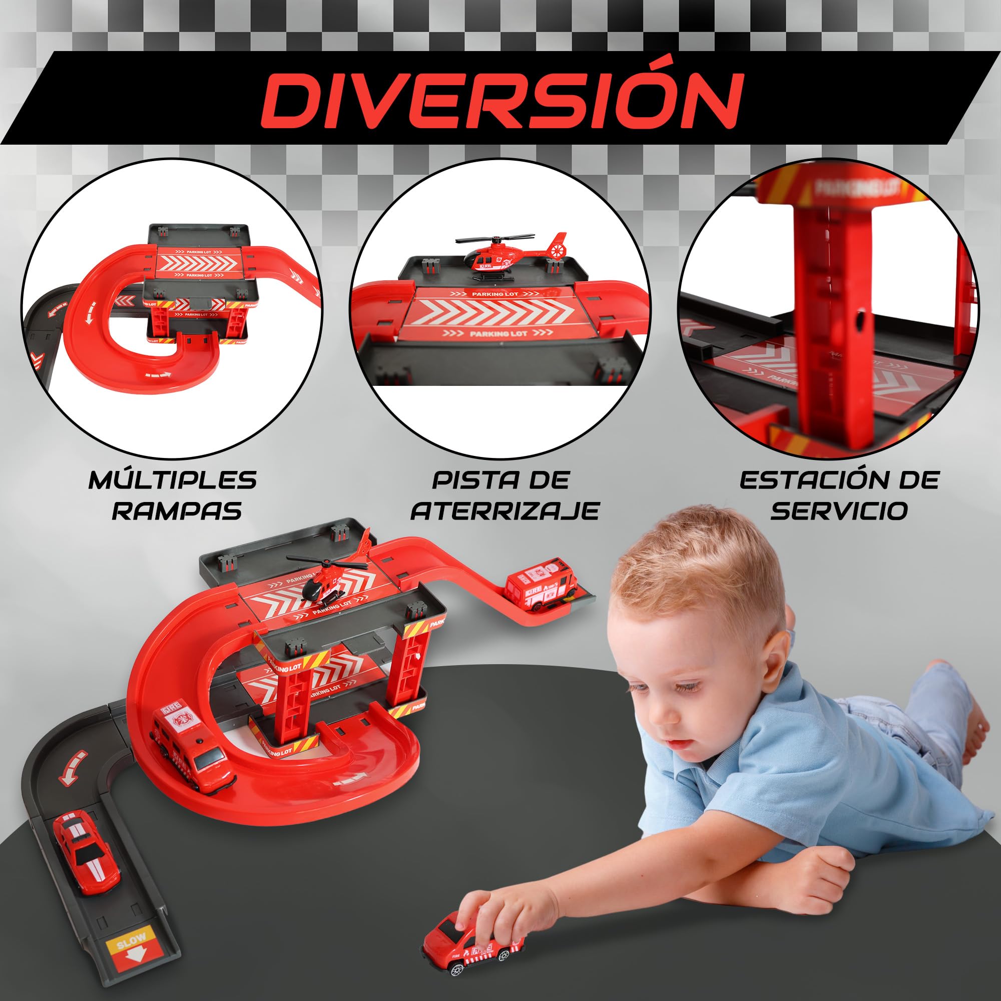 Elisium Juguetes Niños 3 años, Circuito De Coches Infantil con Parking, Pistas y 19 Piezas Niños y Niñas de 2, 3 y 4 Años -Juguete de Pista de Carreras con Garaje, Regalos Originales.