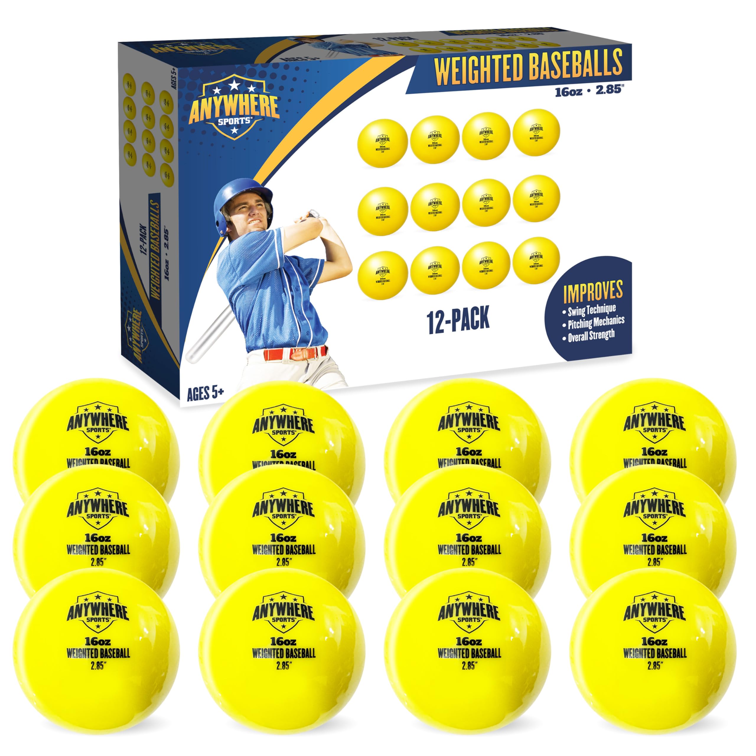 Anywhere Sports Palline da baseball ponderate da allenamento da 453,6 g, colpire e lanciare per tutti i livelli di abilità, migliora la potenza e la meccanica con palle da baseball ponderate, diametro