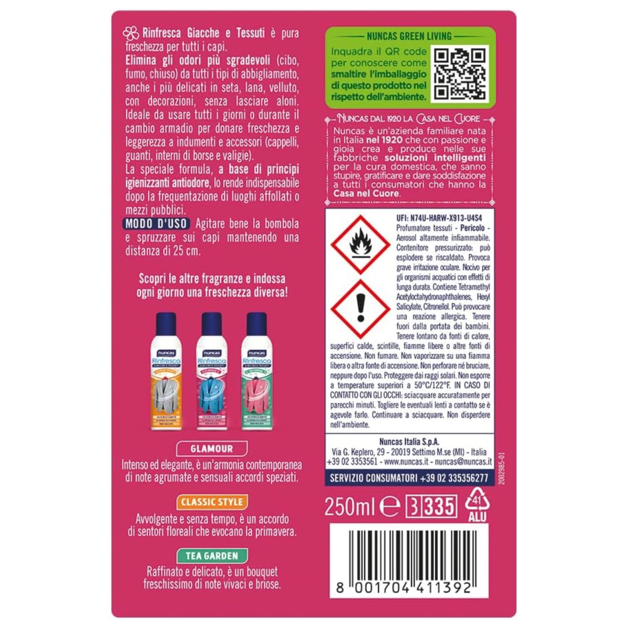 Igienizzante Spray, Rinfresca Giacche e Tessuti, GLAMOUR. Elimina Gli Odori. Non Macchia 250ml (6 Bombolette)