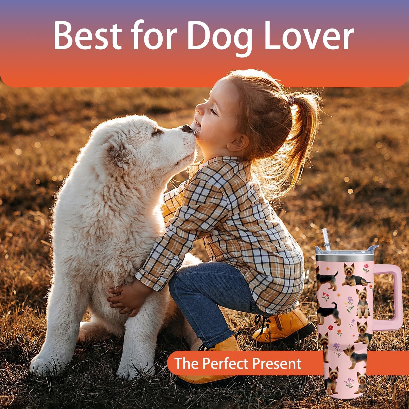 40oz Yorkie Tumbler with Handle and Straw, Cute Dog Stainless Steel Insulated Cup with Lid and Straw, Travel Coffee Mug Water Bottle, Birthday Mothers Day Gifts for Women Men Animal Lovers - Image 5