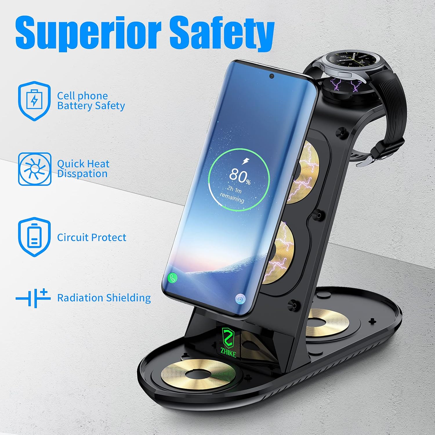 ZHIKE Wireless Charger,4 in 1 Wireless Charging Station Compatible with Samsung S20/S21/S10/Note 20/iPhone 12,Fast Charger Stand Dock for Galaxy Watch 46mm/42mm/Active 2/Gear S3 and Buds(with Adapter)