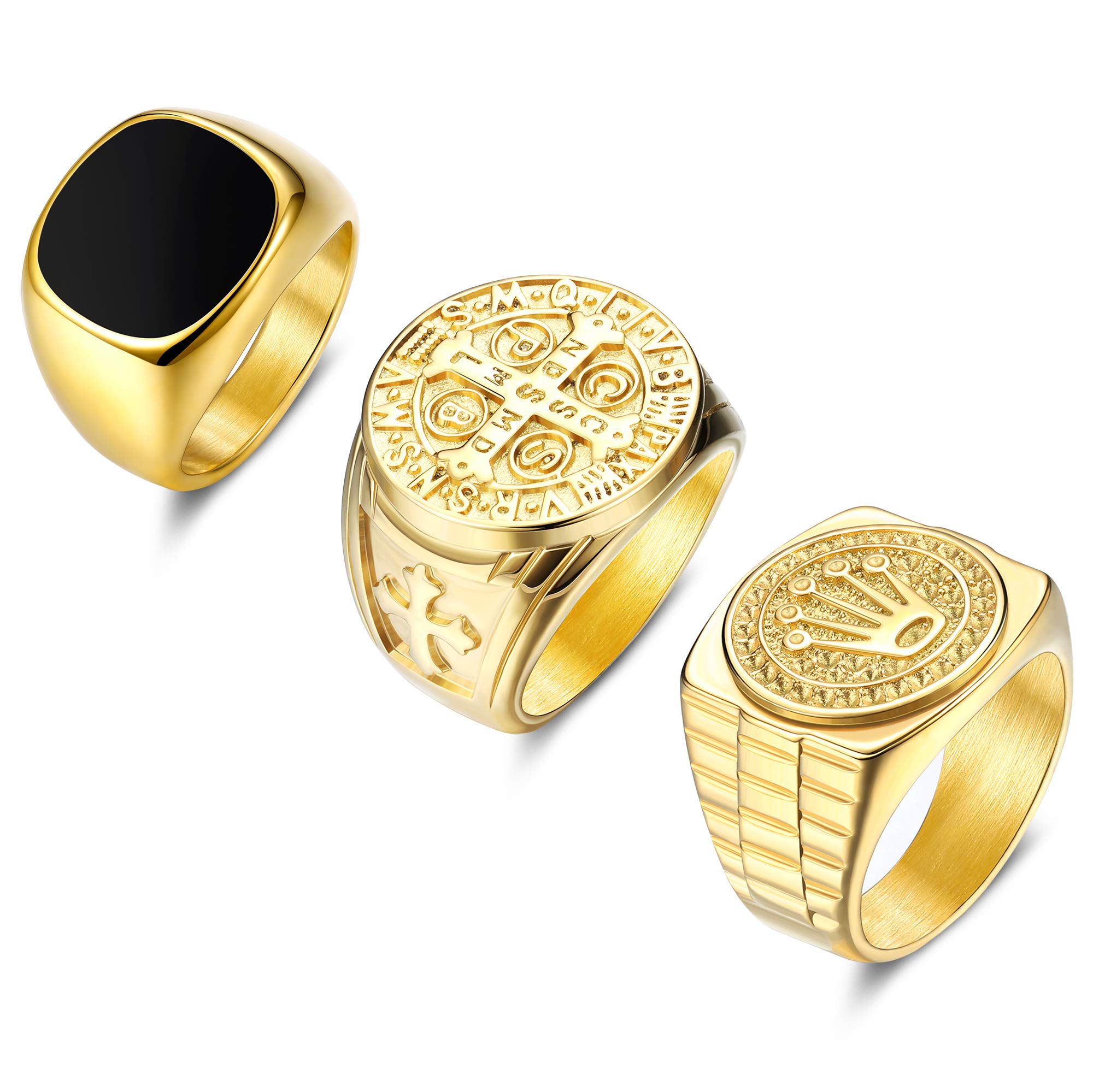 Adramata Anillo Ancho Hombre, Acero Inoxidable, Esmalte Negro, Cruz Religiosa y Corona, Anillo Tallado, Tono Dorado, Anillo Vintage De Hip Hop Rock, Anillo De Compromiso De Amistad Para Hombres