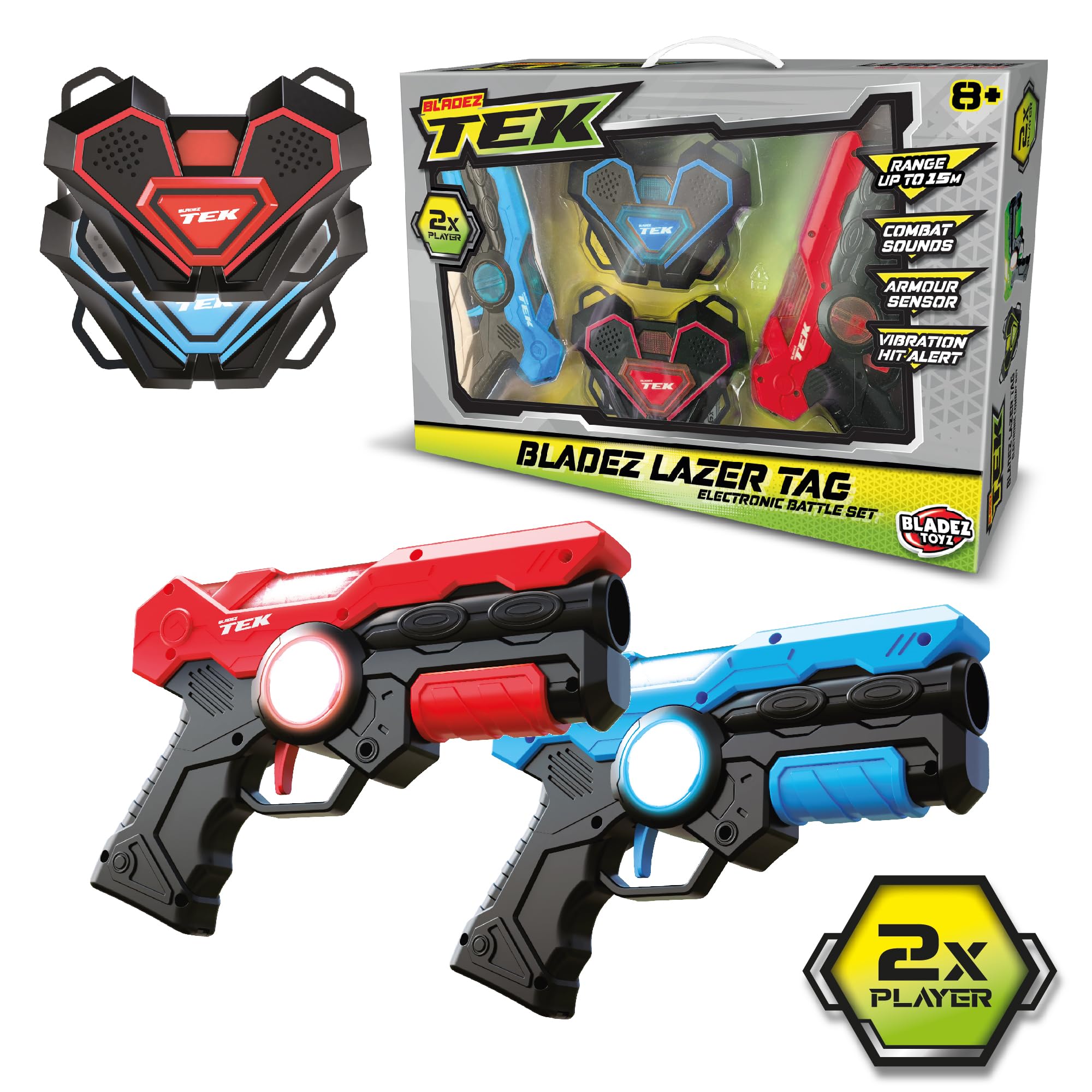 Bladez Toyz Laser Tag Game for Kids with 15M Range & Sensor Armour - 2 Player Shoot Lazer Tag Game - Laser Guns for Kids with Combat Sounds - Lazer Tag Gun Set with Vibration Hit Alert (Red/Blue)