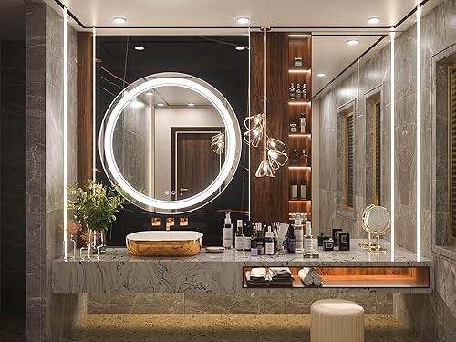 Miniatura 10 de TETOTE Espejo LED redondo para baño, espejos redondos retroiluminados de 28 pulgadas con luces, espejo de carámbano antiniebla, regulable de 3