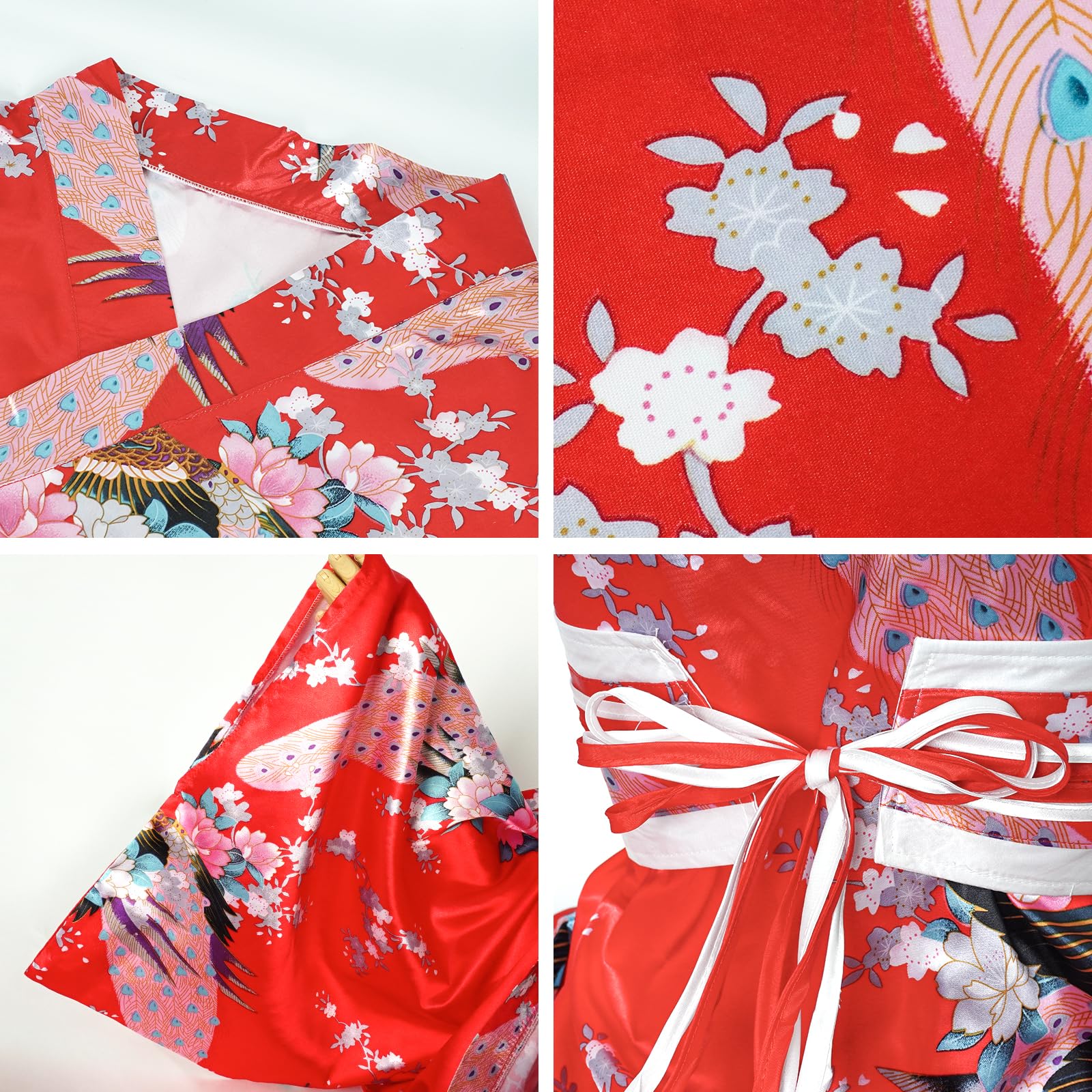 5 Piezas Kimono Set Tradicional Japonés para Mujer, Kimono Largo con Estampado de Pavo y Cinturón para Fotografía y Cosplay