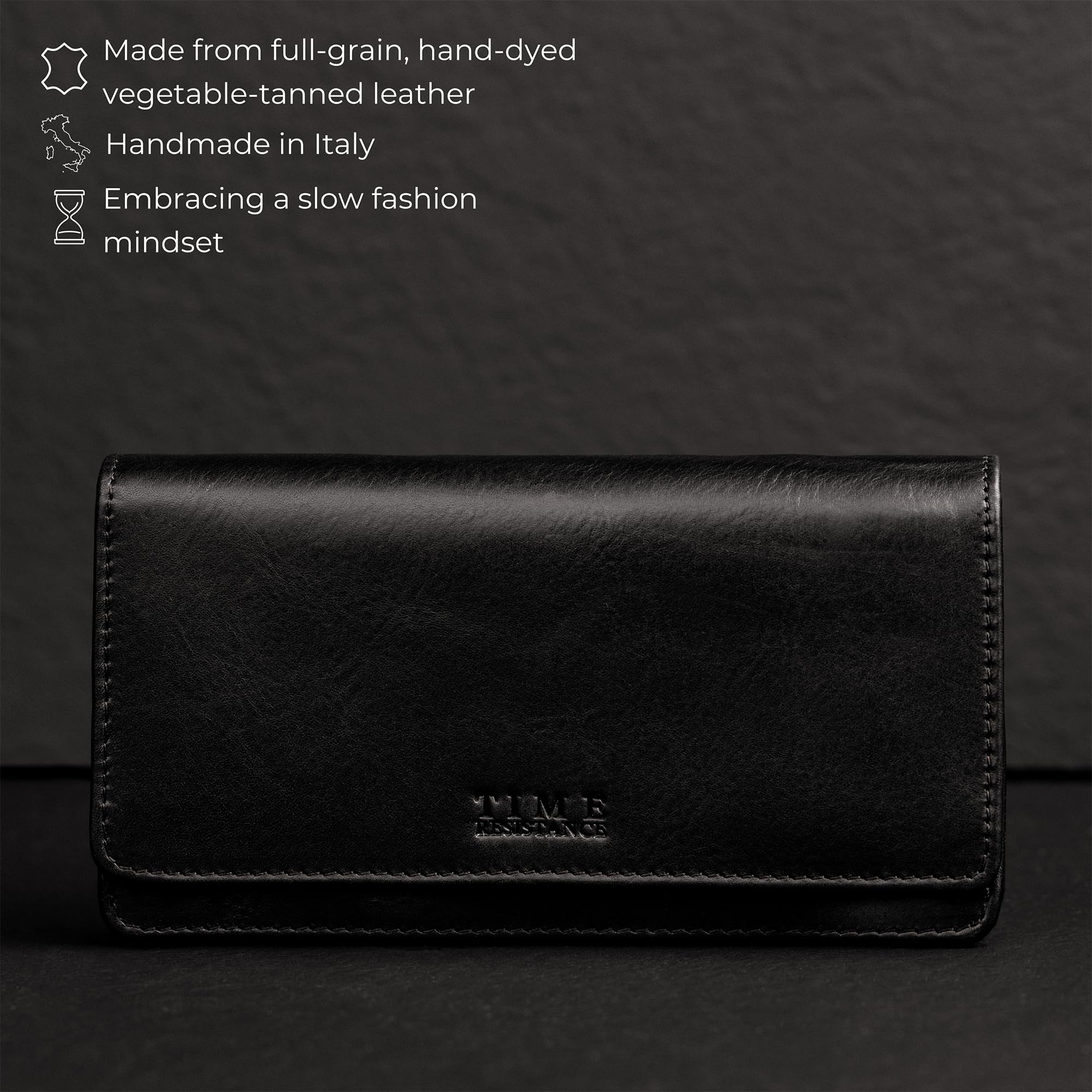 Time Resistance Cartera Larga de Cuero – Cartera Continental para Tarjetas de Crédito y Efectivo – Porta Dinero Minimalista Hecho a Mano en Italia (Negro)