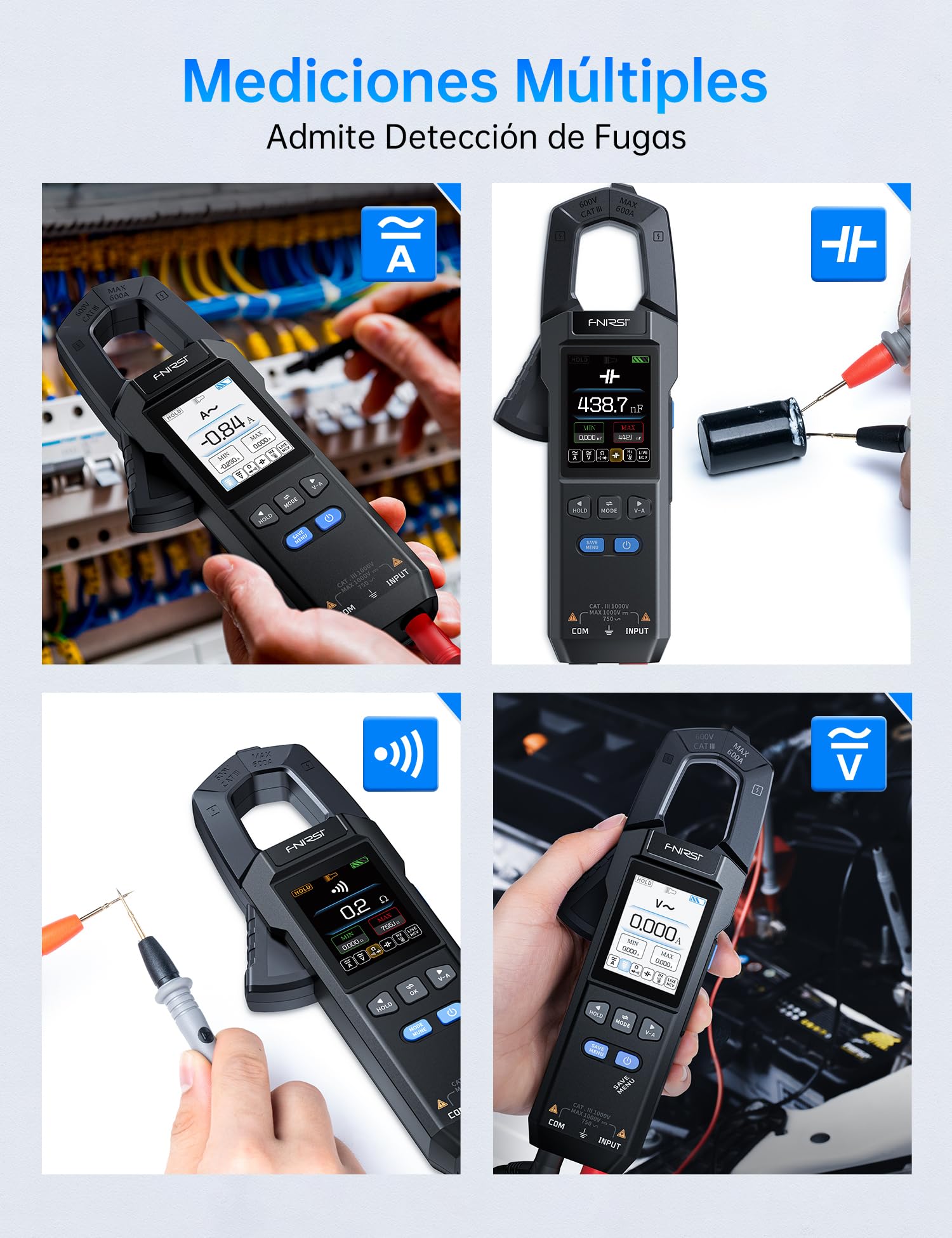 FNIRSI DMC-100 Pinza Amperimétrica Digital, Multímetro TRMS de 9999 Cuentas, Amperímetro Recargable con Registro de Curvas de 600A y Bolsa de Almacenamiento, NCV, Voltaje CA/CC, Corriente