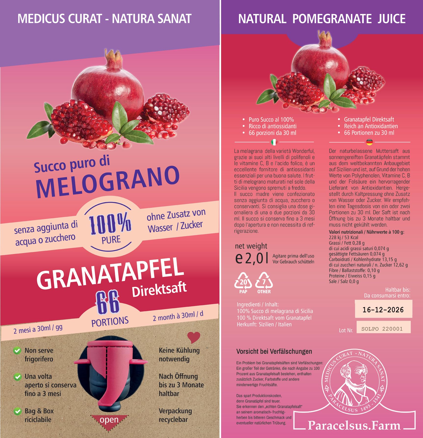 Succo di Melograno Bio 100% Puro - Bag in Box da 2 Litri - Qualità Wonderful - Made in Italy - Senza Zuccheri Aggiunti, Naturale, Antiossidante – Paracelsus.Farm