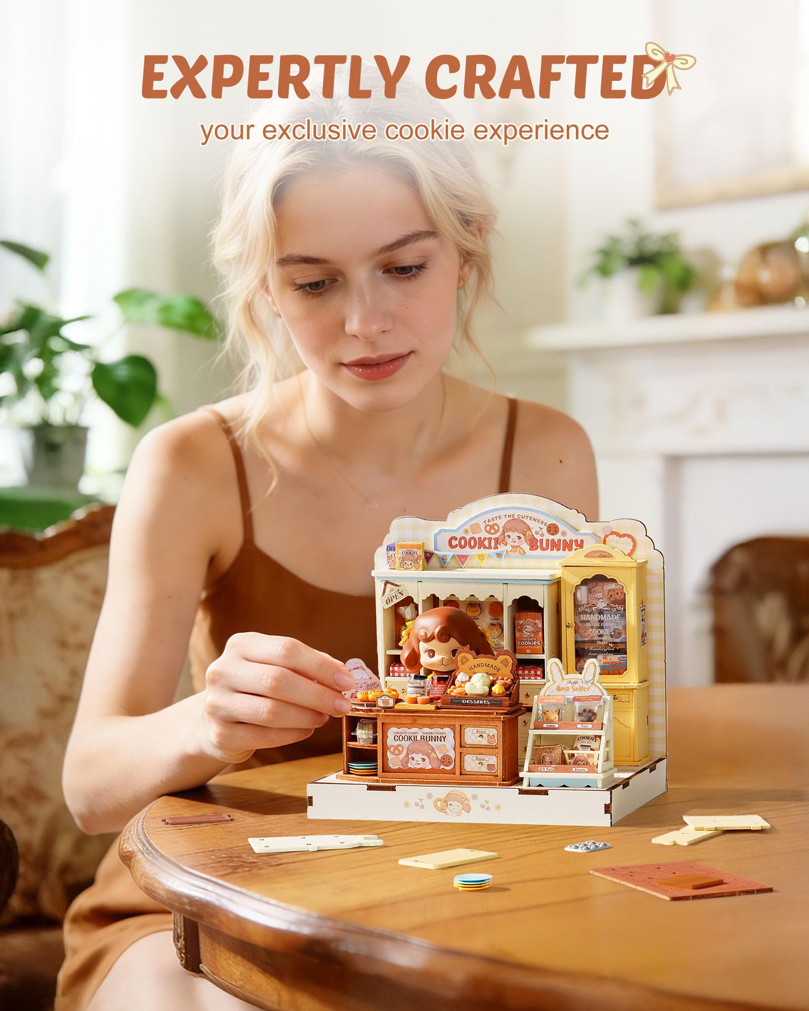 Rolife Maison Miniature Cookii Lapin’s Boutique de Cookies, 182 pièces Maquette Maison 3D Puzzle Maison de Poupée en Bois 3D à Construire Book Nook pour Adultes et Adolescents Pas de Colle nécessaire