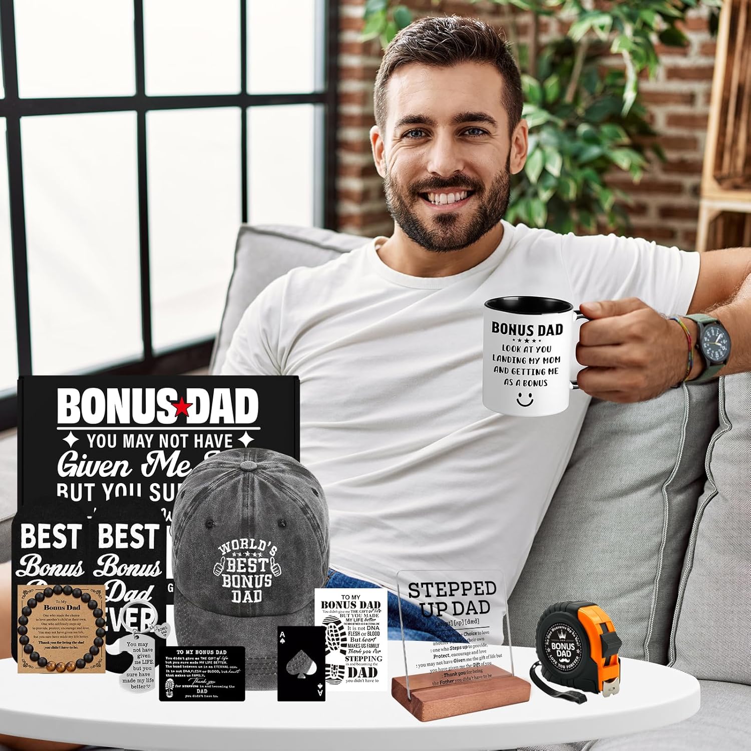 11 PCS Step Dad Gift with 11 Oz Ceramic Cup, Acrylic Desk Plaque Sign, Hat, Socks, Tape Measure, Christmas Gifts, Bonus Dad Gifts, Birthday, Father's Day Gift from Stepchild