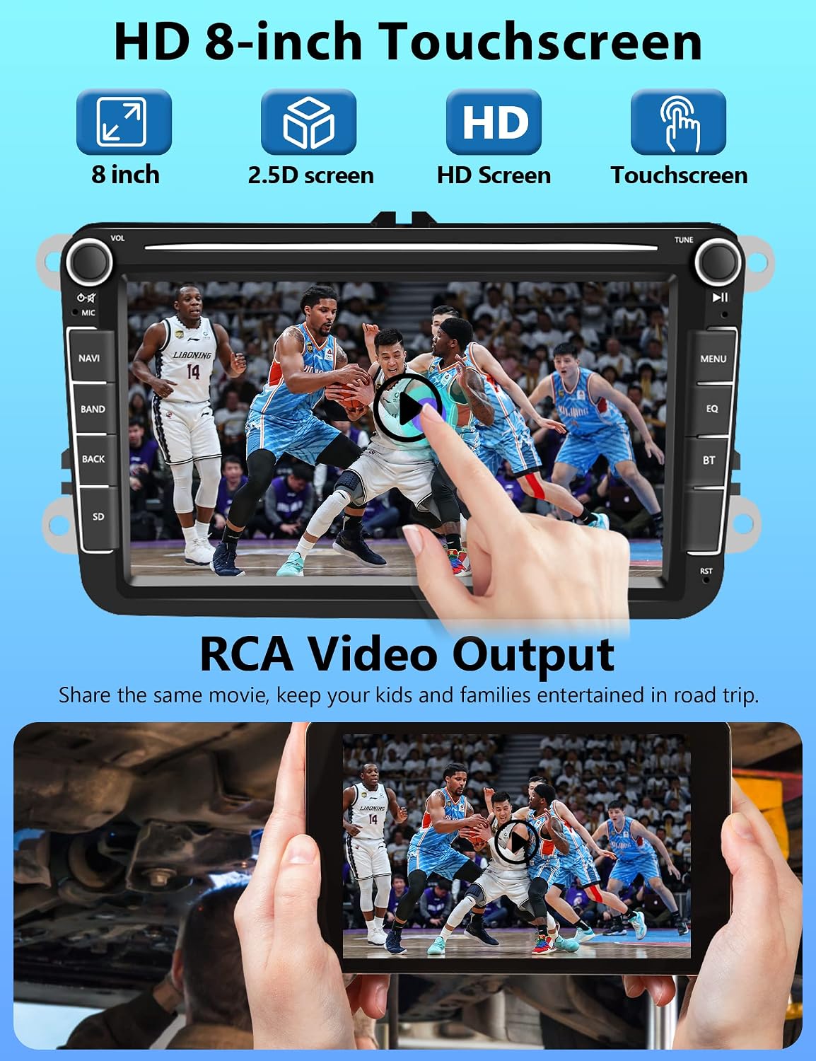 HD 8-inch touchscreen displaying video content and a separate image showing RCA video output to an external tablet.