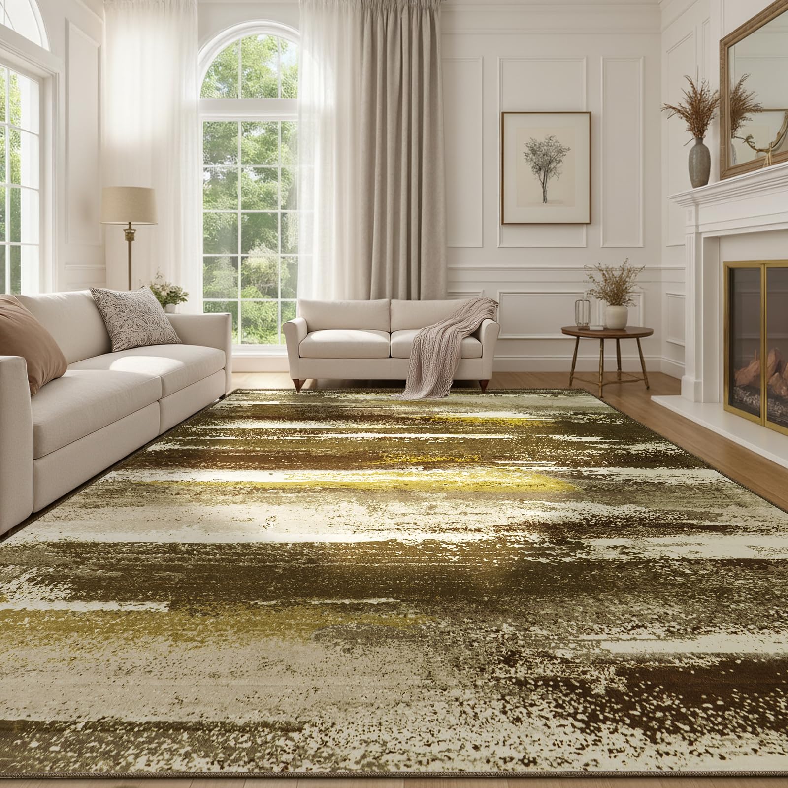 GthreeD Teppich 200 x 300 cm Wohnzimmer Teppiche Waschbarer Groß, Schlafzimmer, Esszimmer und Büro, Braun, Kurzflor Abstrakelte Farbige Gemälde, Abstraktion und Mode Farben Passen