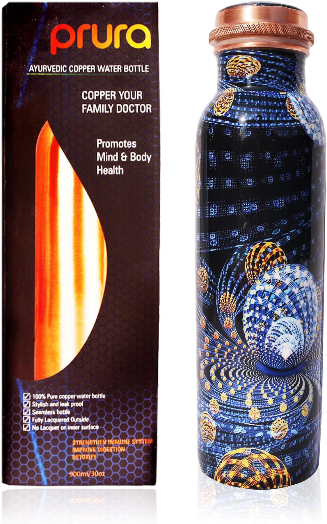 PRURA Copper Water Bottle Diamond Regular Pure Copper Bottle Yoga Water Bottle Ayurveda Health Benefits Leak Proof (900ml/30oz, Design 14)