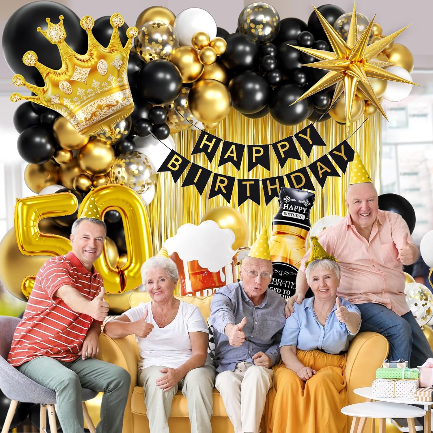 50th Birthday Decorations for Men with Black Gold Confetti White Foil Balloons Happy Birthday Banner Fringe Curtains for 50 Year Old Decorations - Image 6