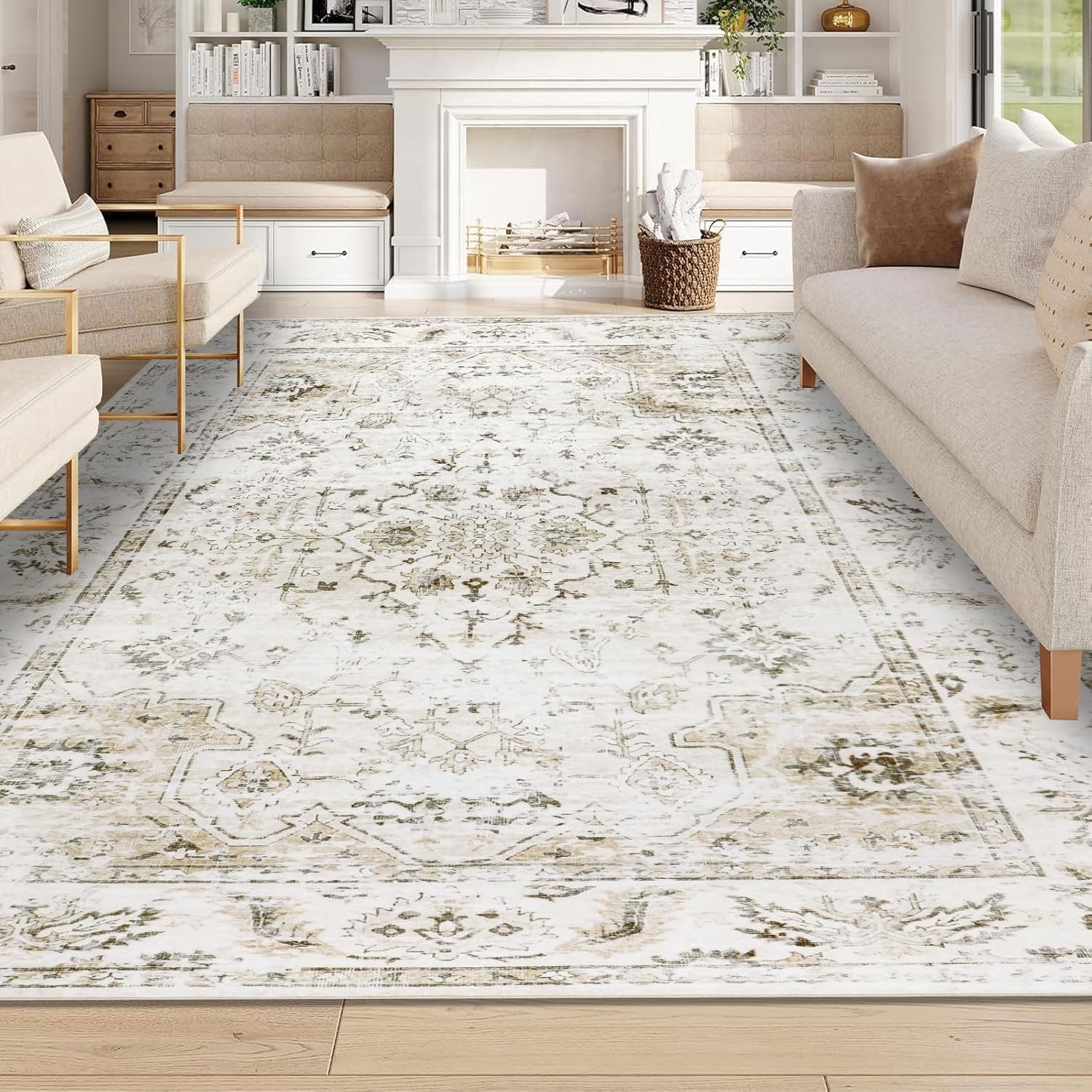 Homcomodar Beige Rugs Living Room 160x230cm Distressed Washable Rugs for Bedroom Boho Thin Floor Carpets for Living Room Dining Room Nursary Office