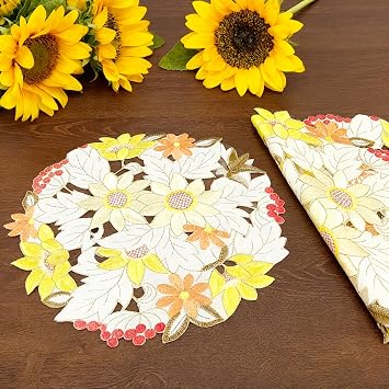 LeLehome 15" Sunflower Cutwork Embroidered Placemats, Round Floral Spring Summer Yellow Daisy Flowers Pattern Home Decoration, Set of 4