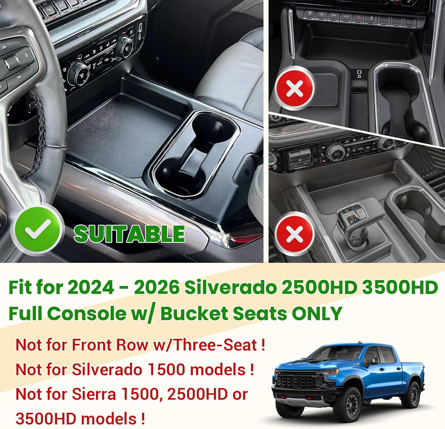 Center Console Organizer Compatible with 2024 2025 2026 Chevy Silverado 2500HD 3500HD Truck Accessories Full Console w/Bucket Seats ONLY – ABS Middle Console Storage Tray (Not for 1500)