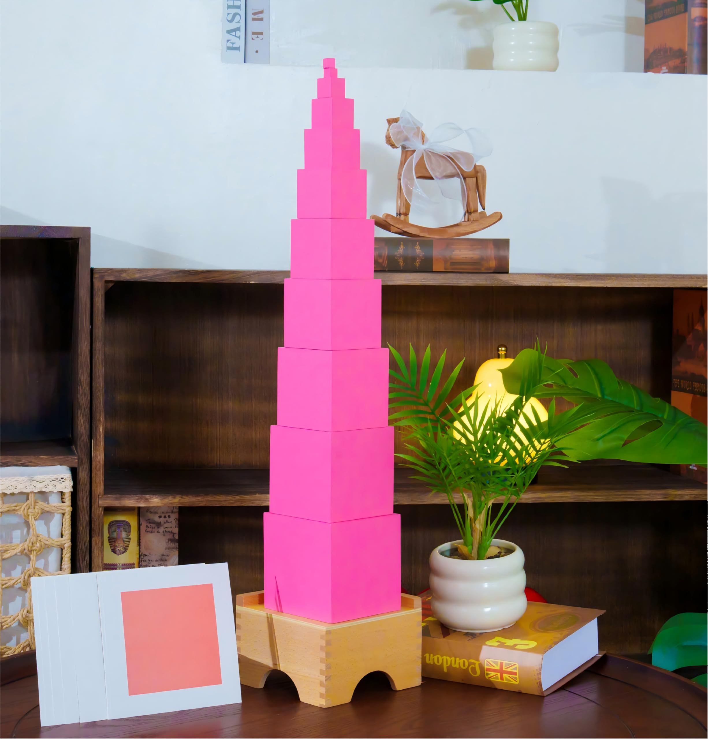 Premium Montessori zestaw materiałów sensorycznych 1 z różową wieżą i brązowymi schodami – 14 zabawek sensorycznych z drewna bukowego dla dzieci w wieku 3-6 lat, do przedszkola i szkoły