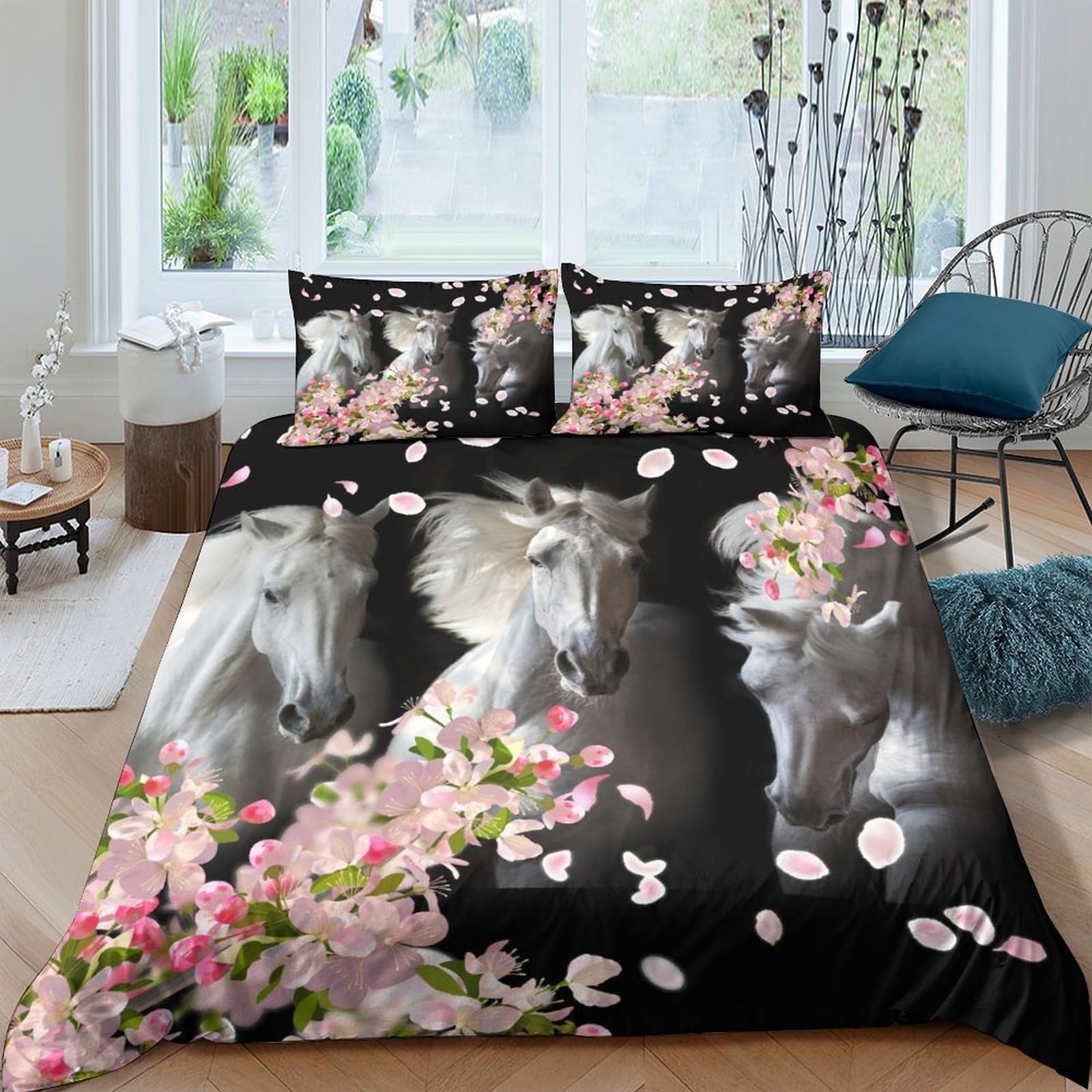 Ctjqhvkz Style-7 3D Printed White Horse Floral Fitted Sheet Microfiber Black Artistic Bed Cover For Bedroom Guest Room Dorm Decor Single（135X200cm）