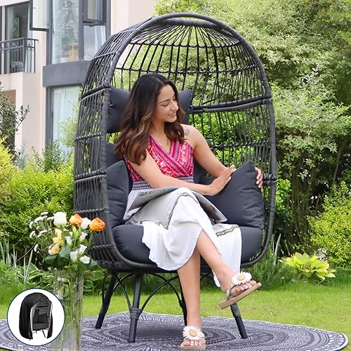 NICESOUL Silla estacionaria de huevo para patio con cojines gruesos, para interiores y exteriores, silla de mimbre más grande con cesta de huevos de