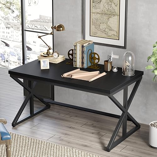 IBF Escritorio de Oficina Negro, Escritorios Simples de Madera para Computadora con Patas de Metal, Mesa de Trabajo de Estudio Moderna para