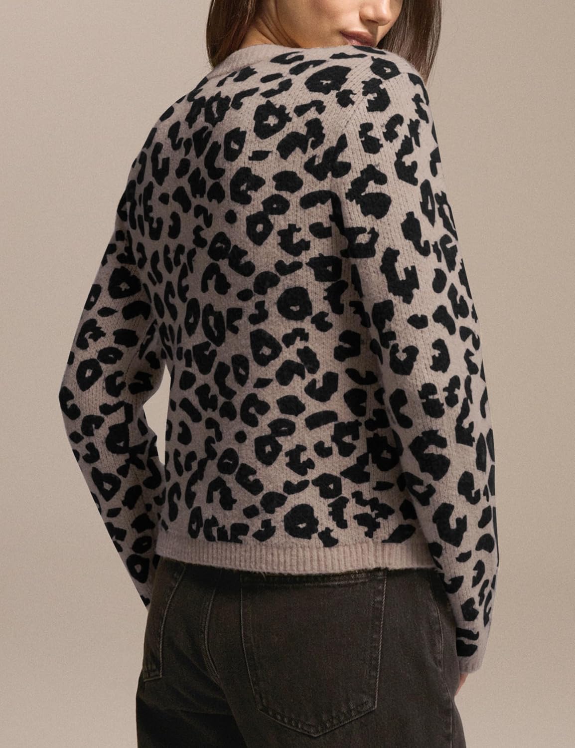 Leopard Cardigan Sweaters for Women Cheetah Print Open Front Button Down Long Sleeve Casual Knit Outwear Coats - Image 3