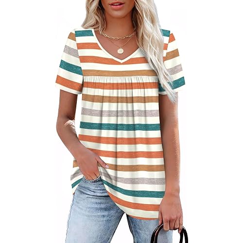 WEESO Womens T Shirts Short Sleeve Pleated Dressy Casual V Neck Summer Tops Blouses