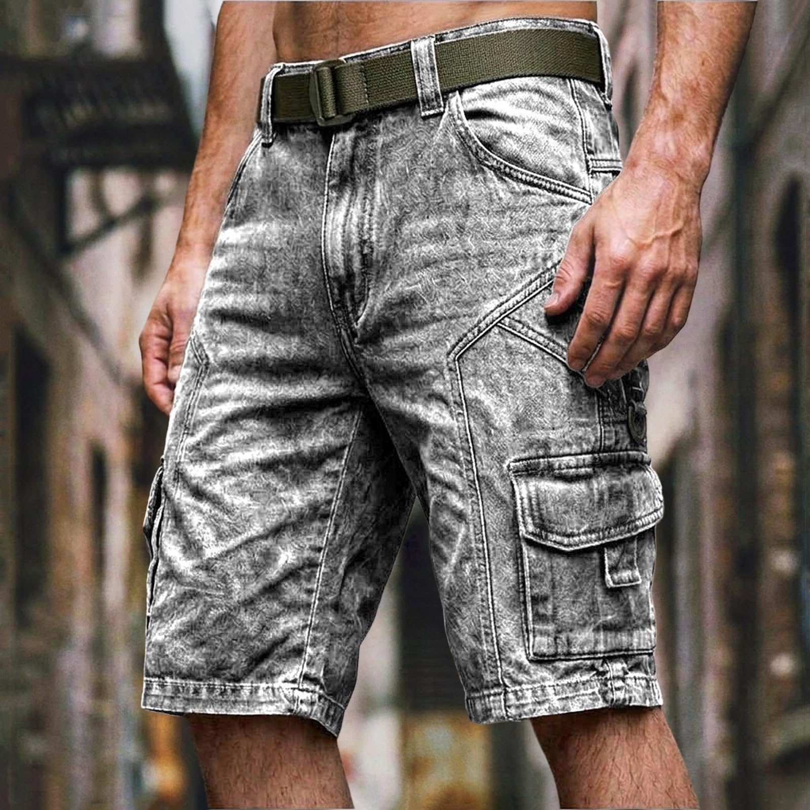 Pantaloni cargo da uomo, pantaloncini da lavoro, con tasche multiple, per il tempo libero, in cotone, traspiranti, per attività all'aperto, con cintura, vestibilità regolare, tinta unita, lunghezza al