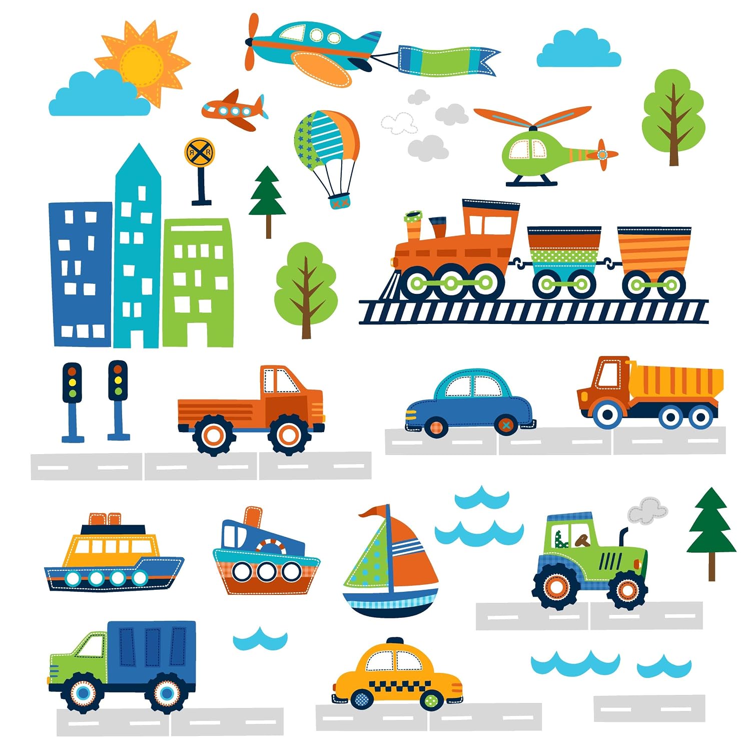 CherryCreek Decals Transportation and City Scene Kids' Room Peel and Stick Wall Sticker Decals