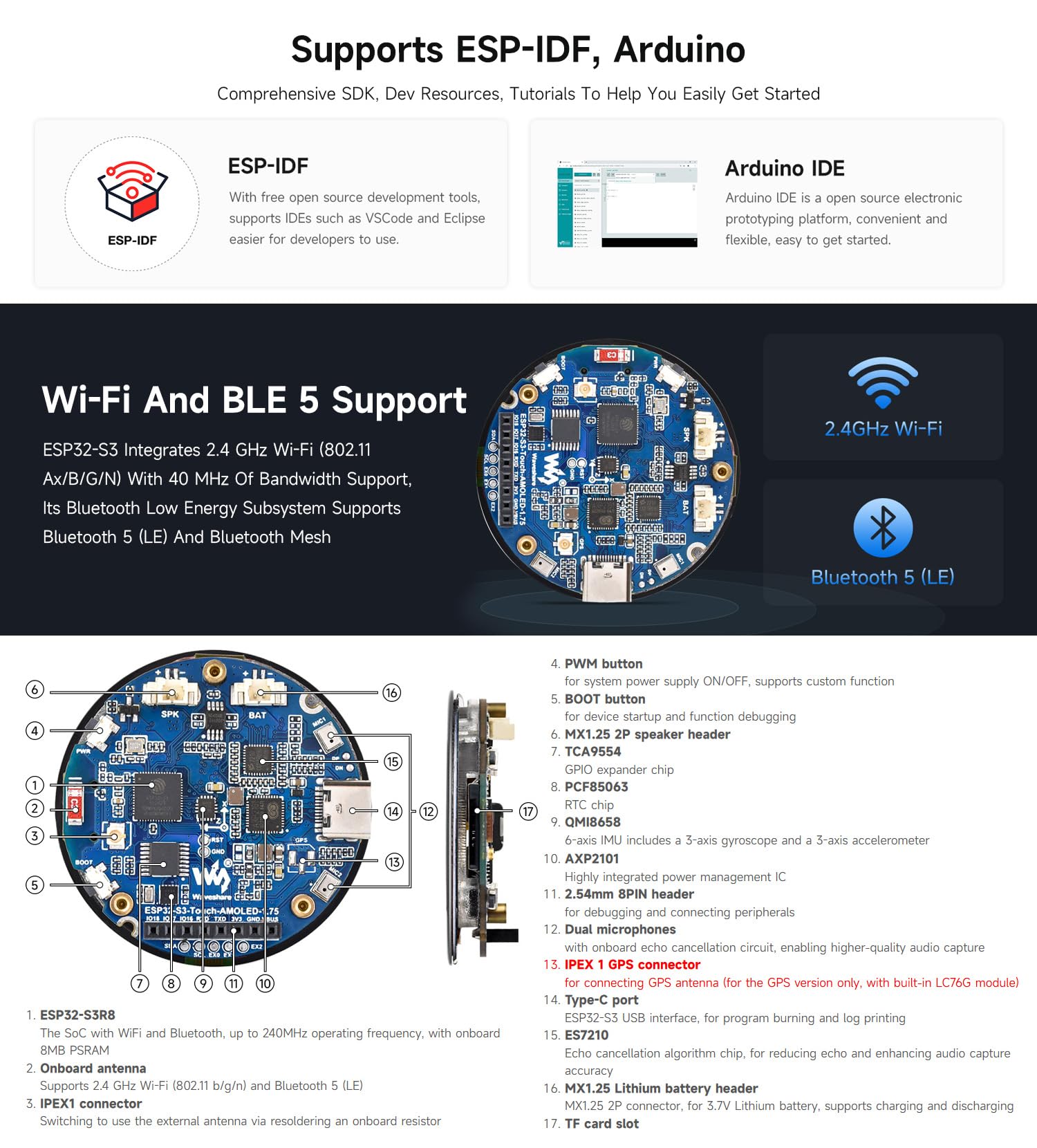 Waveshare ESP32-S3 1.75inch AMOLED Round Touch Display Development Board(GPS Version, No Case), 32-bit LX7 2-Core Processor, 466x466, QSPI Interface, 2 Digital Microphones Array, ESP32 with Display