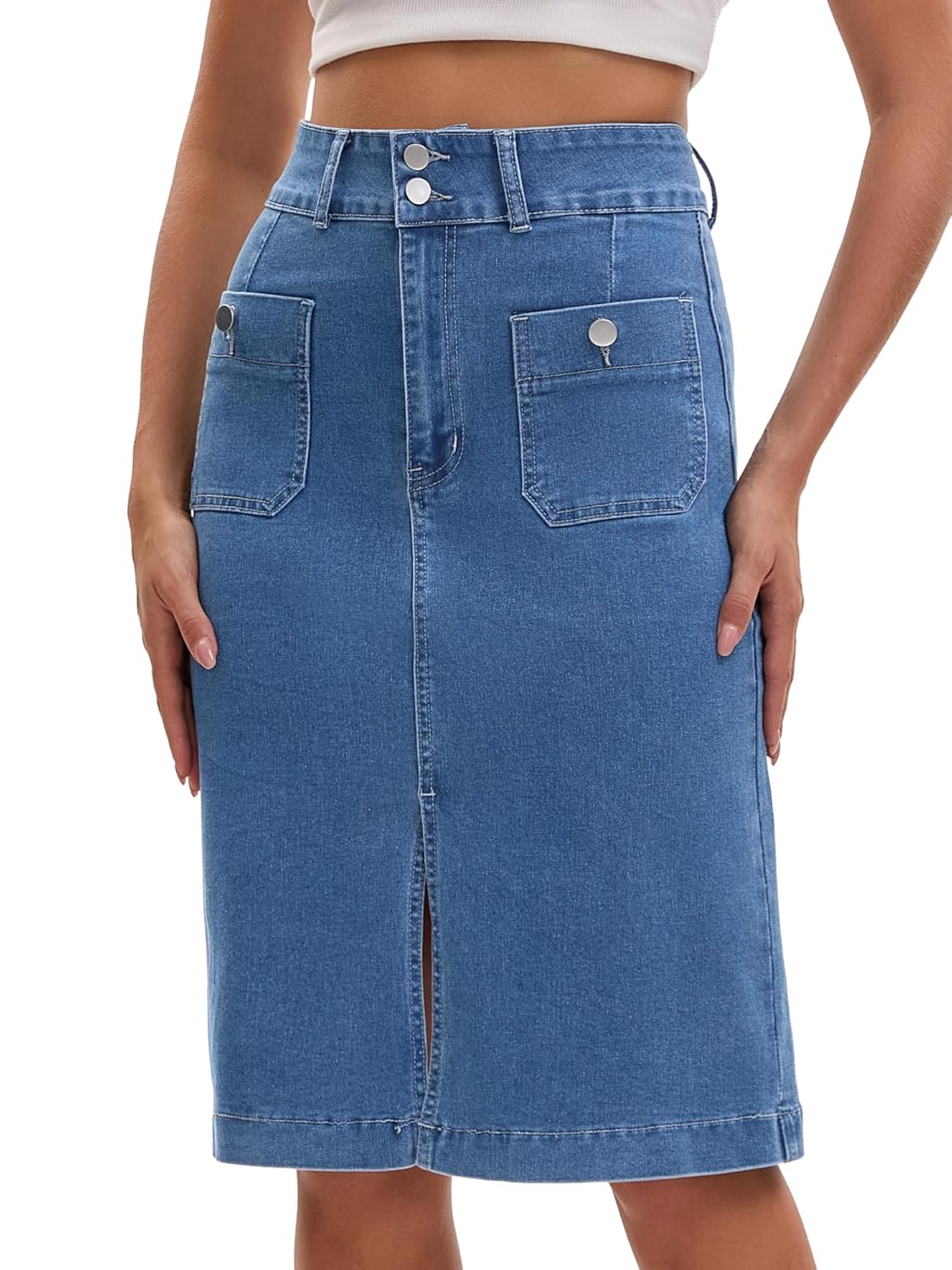 Womens Denim Skirt High Waisted Front Pockets Stretch Below Knee Length Jean Skirts