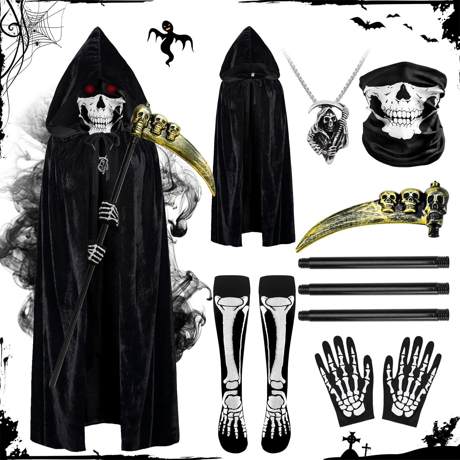 Creerluces Halloween Grim Reaper Costume for Men and Kids Black Cloak Skeleton Gloves and Stockings