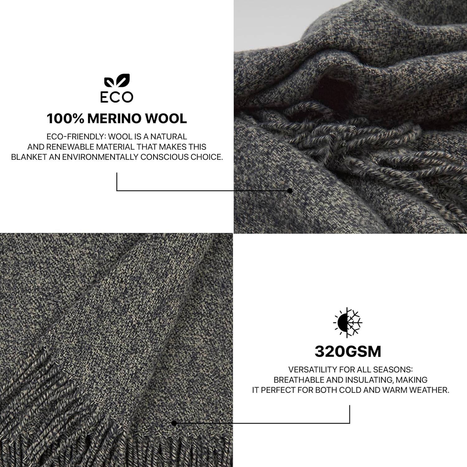 Merino Wool Throw Blanket, Indoor & Outdoor Blankets and Throws, Soft Blanket with Fringes, 65"x79" (170 x 200 cm)