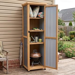 PetsCosset 62" H Outdoor Corner Storage Cabinet with Lockable Doors, Outdoor Indoor Small Storage Cabinet with Metal Top, 3 Adjustable Shelves for Patio, Porch, Entryway or Small Spaces