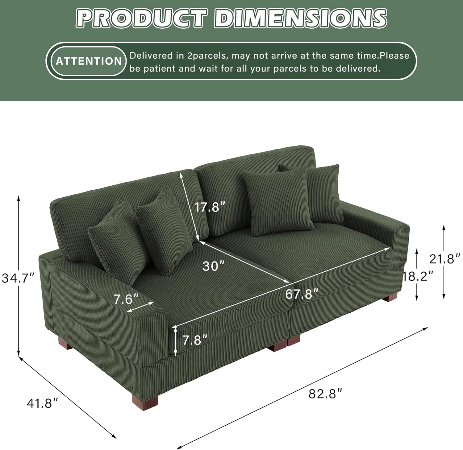 82" Loveseat Sofa, Comfy Corduroy Fluffy Couch with Deep Seat, Upholstered 2-Seater Sofa Bed for Living Room Bedroom, Green