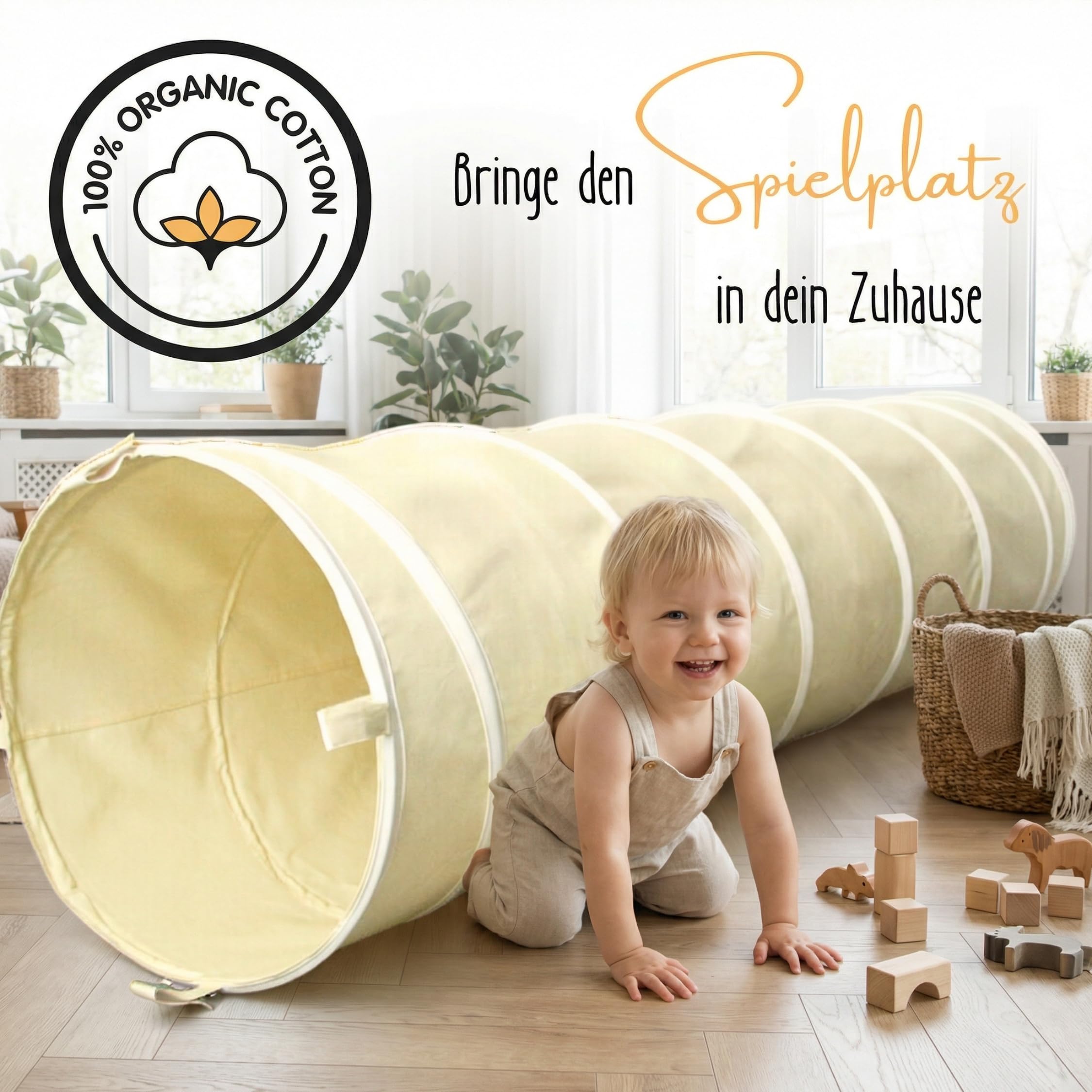 Spieltunnel für Kinder – 100% Baumwolle, faltbar – Cremeweiß