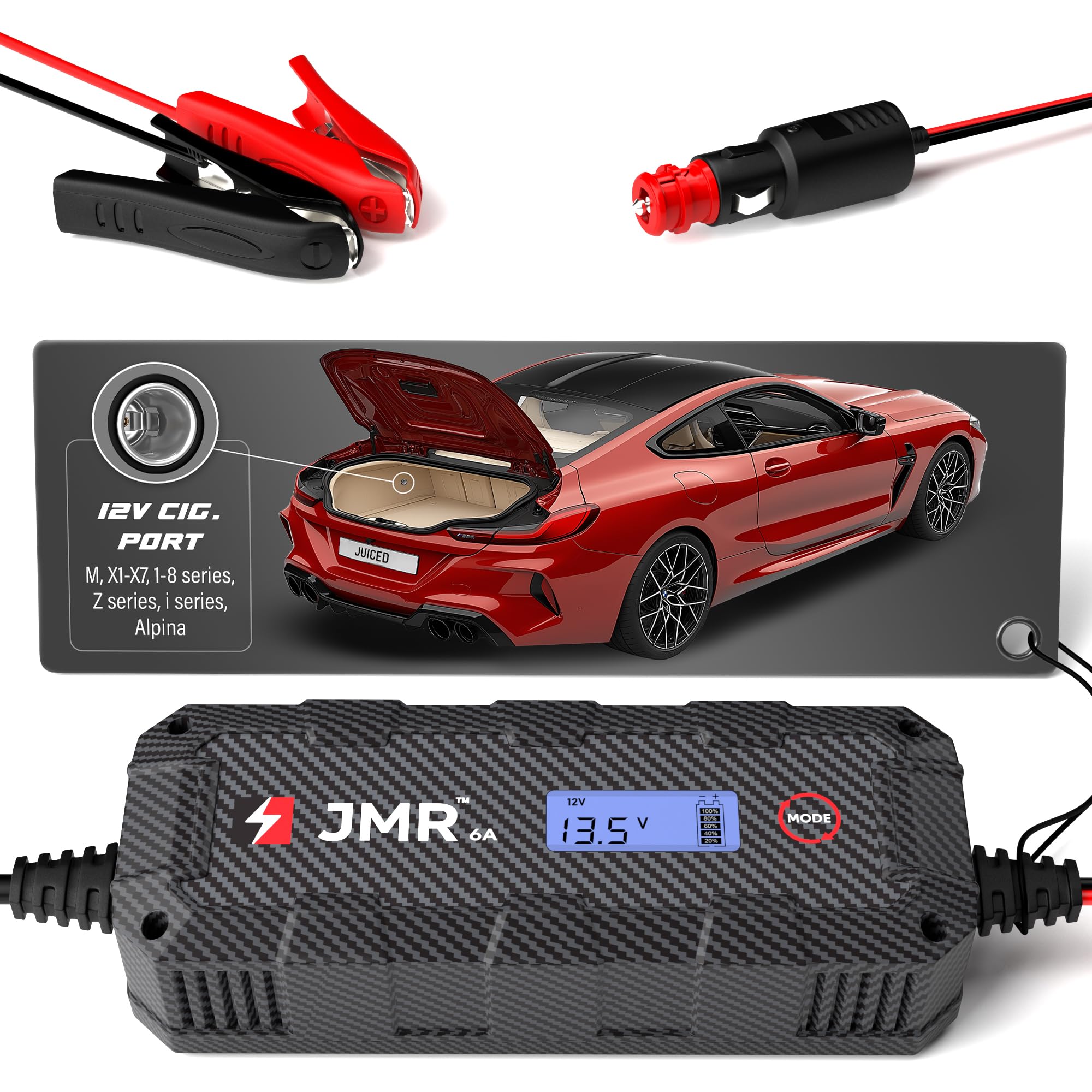 JMR Cargador de Bateria para BMW M5 M4 X6 X5 i8 Z4 M8 M760i Alpina M6 M3 Todos los Modelos Mantenedor de Carga Acondicionador (Sin Modo Litio)