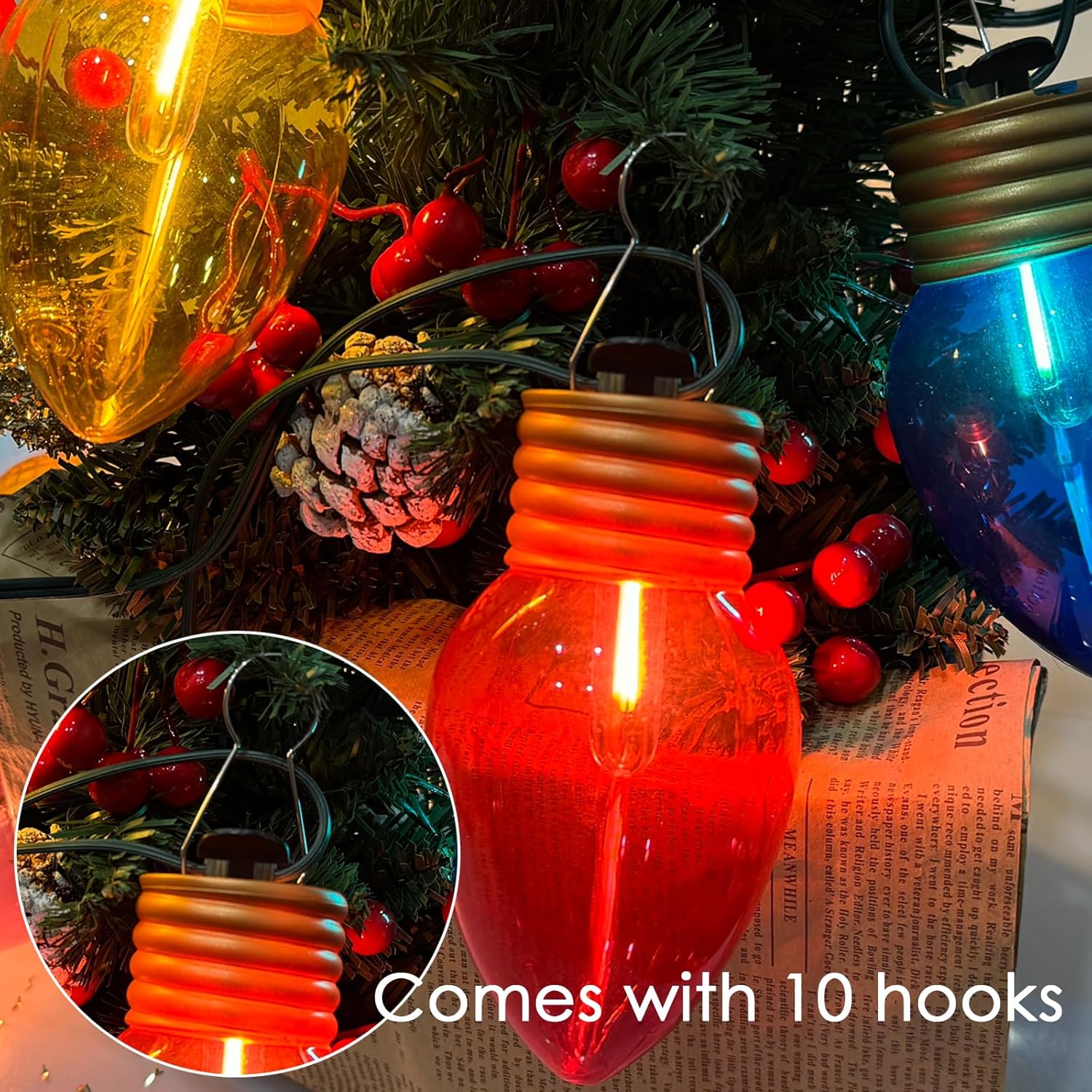 Jumbo Xmas String Lights 16FT Large Christmas Hanging Lights with 10 Count 5'' LED Giant Multicolor Bulbs, C7 Big Bulb Vintage Christmas Light for Holiday Home Tree Roof Yard Garden Decor, Green Wire