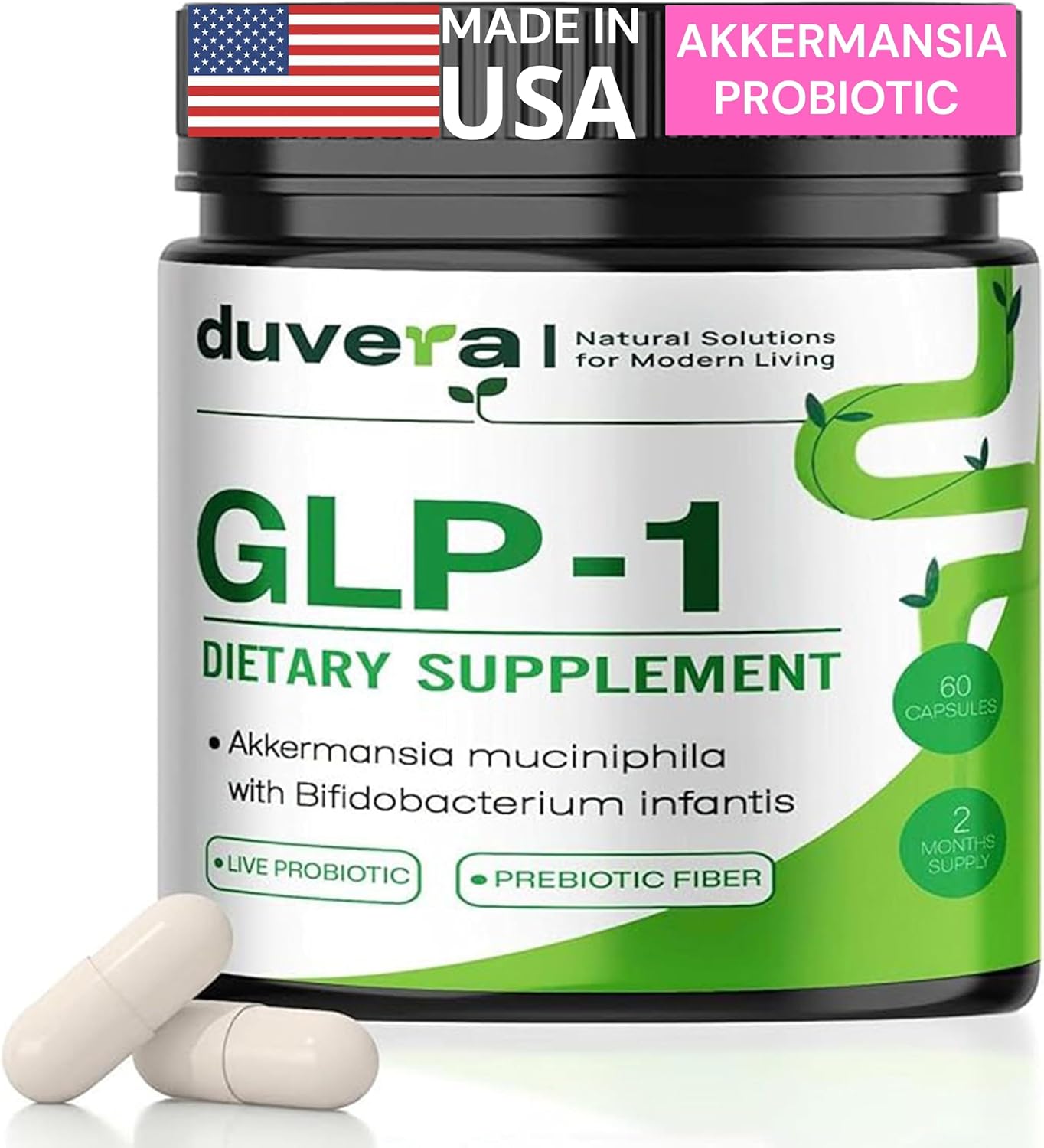 Akkermansia Probiotic GLP-1 Supplement, 1 Billion CFU Multi-Strain Probiotics & Prebiotics with Inulin & Chicory Root, Supports Gut Health, Metabolism & Digestive Balance| 60 Delayed-Release Capsules