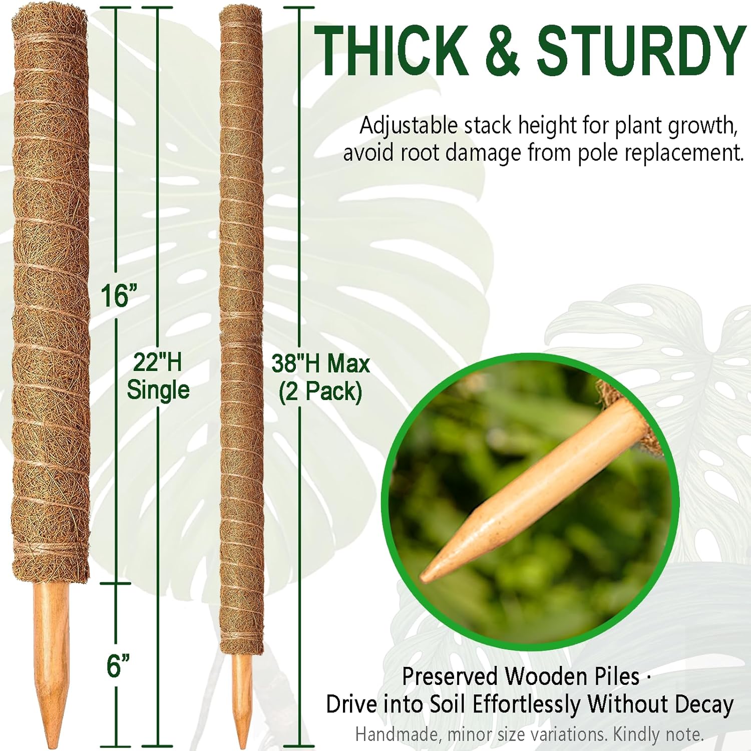 Soupiar 2 Pack 22 Inch Stackable Moss Pole - Thick & Sturdy Natural Coir Totem Plant Support & Garden Stakes for Monstera & Pothos, Indoor Climbing Vining Houseplants, 38" H Max image 2