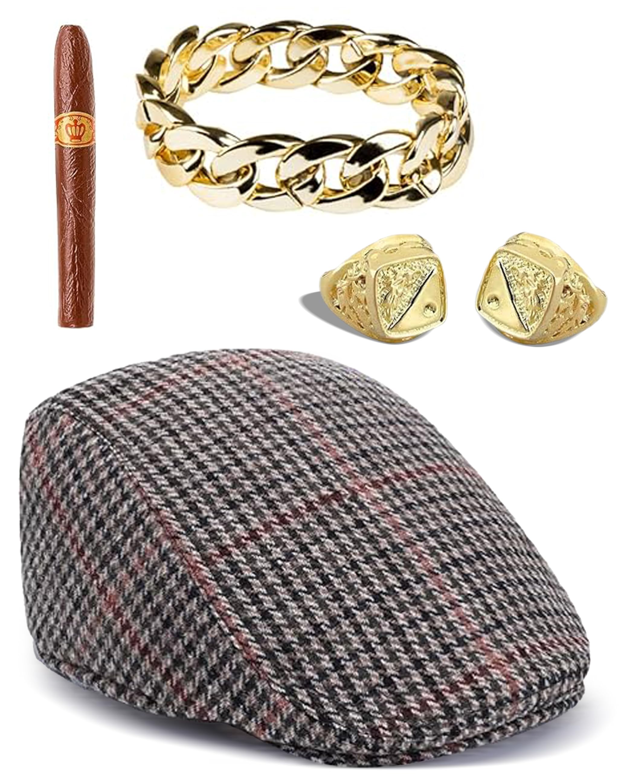 Mega_Jumble Adult Delboy Set Cap, Gold Bracelet, Fake Cigar and 2x Gold Rings Accessory | Fools and Horses TV Character Fancy Dress Costume Accessories