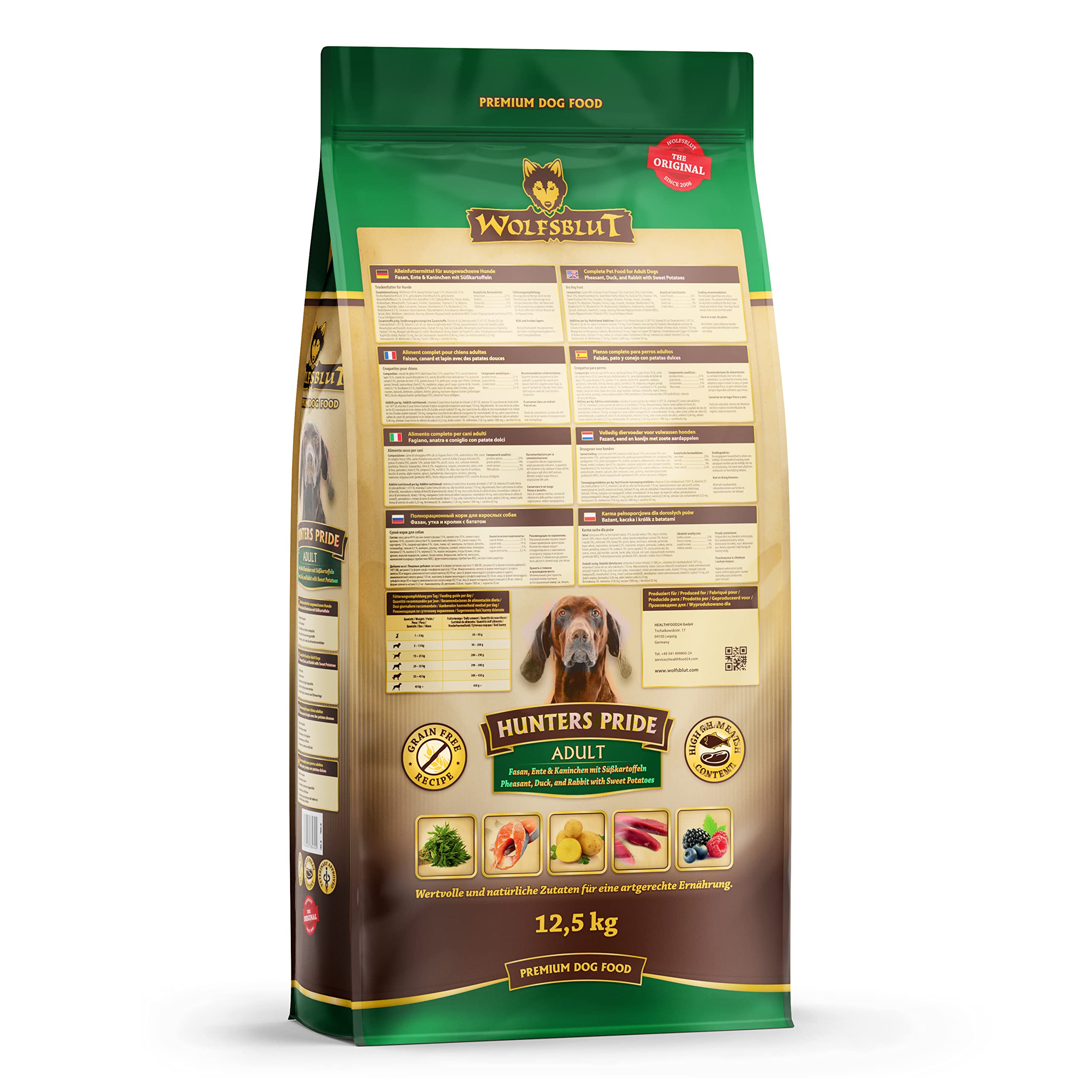 WOLFSBLUT – Hunters Pride Adult | Trockenfutter mit natürlichen Zutaten und wertvollen Superfoods für ausgewachsene Hunde. Getreidefreies Alleinfutter ohne Zusatzstoffe im Beutel | 12,5kg