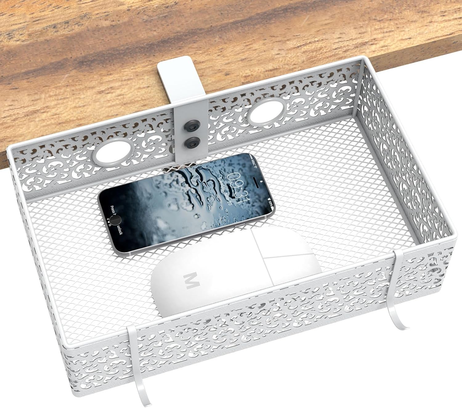 Under Desk Drawer Storage Basket, Clamp-on Pencil Drawer Durable Hidden Desk Organizer for Home Office Desk Table East to Install Large Capacity (White)