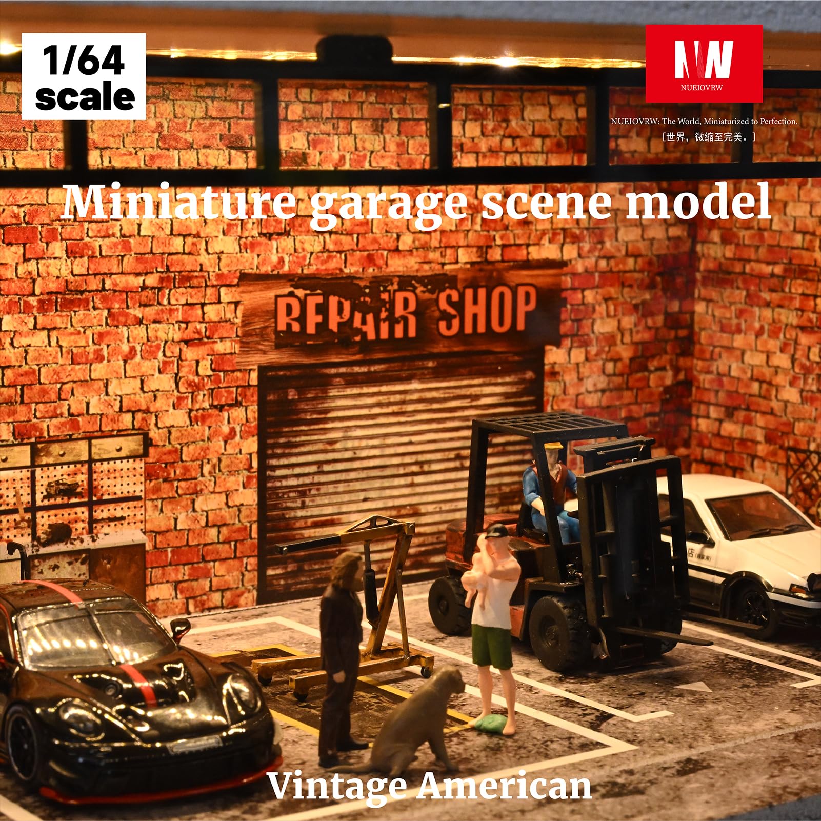 Diorama 1/64 modello auto garage, illuminazione a LED, vetrina per parcheggio, in mattoni rossi, modellini di auto pressofuso, kit modello diorama (garage vintage)