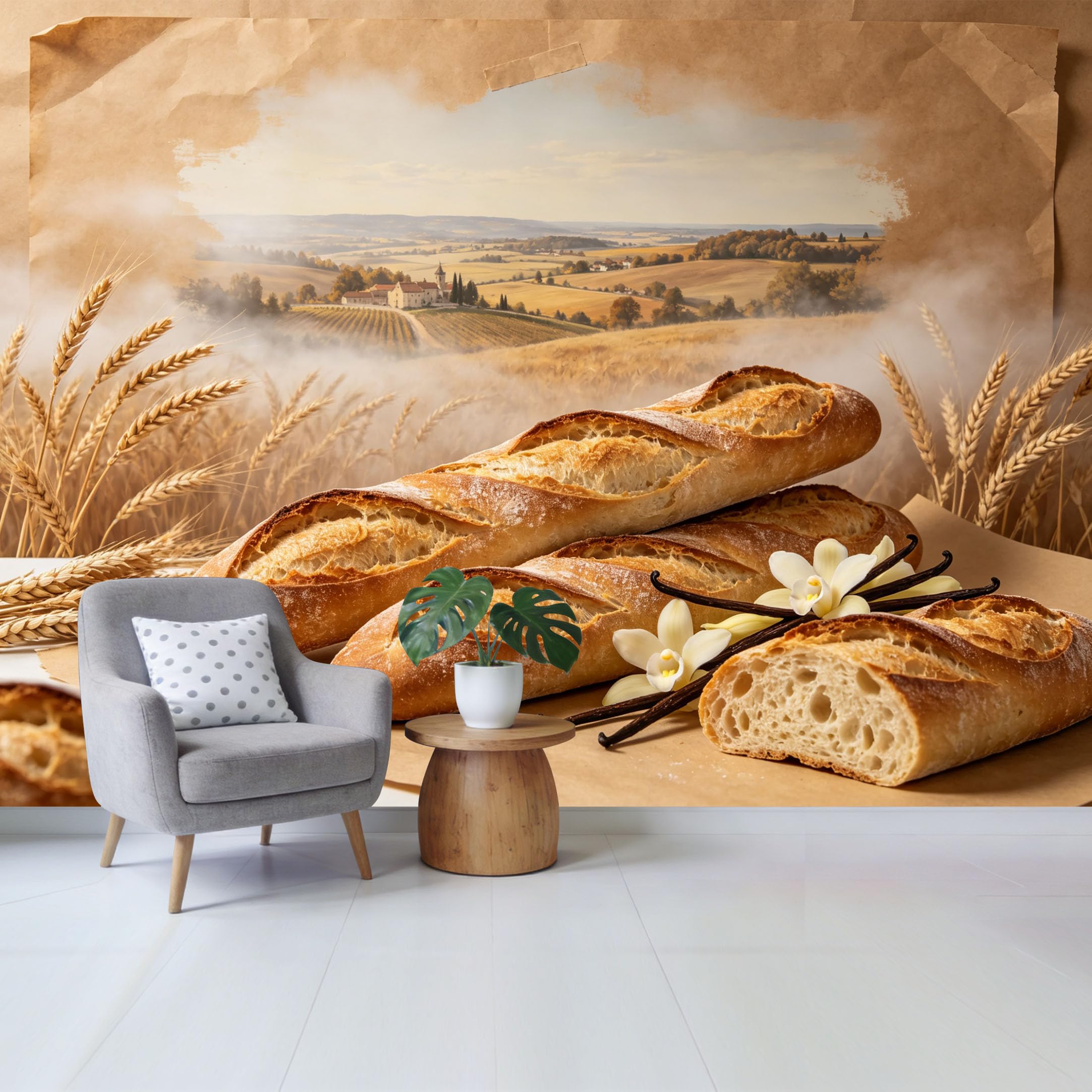 Qzlithotic Yq2605250626 Custom Size Wall Mural Rustic French Countryside Wheat Field And Fresh Baguette Bakery Concept Selfadhesive Wall Fabric Removable Wallpaper For Home Office Decor