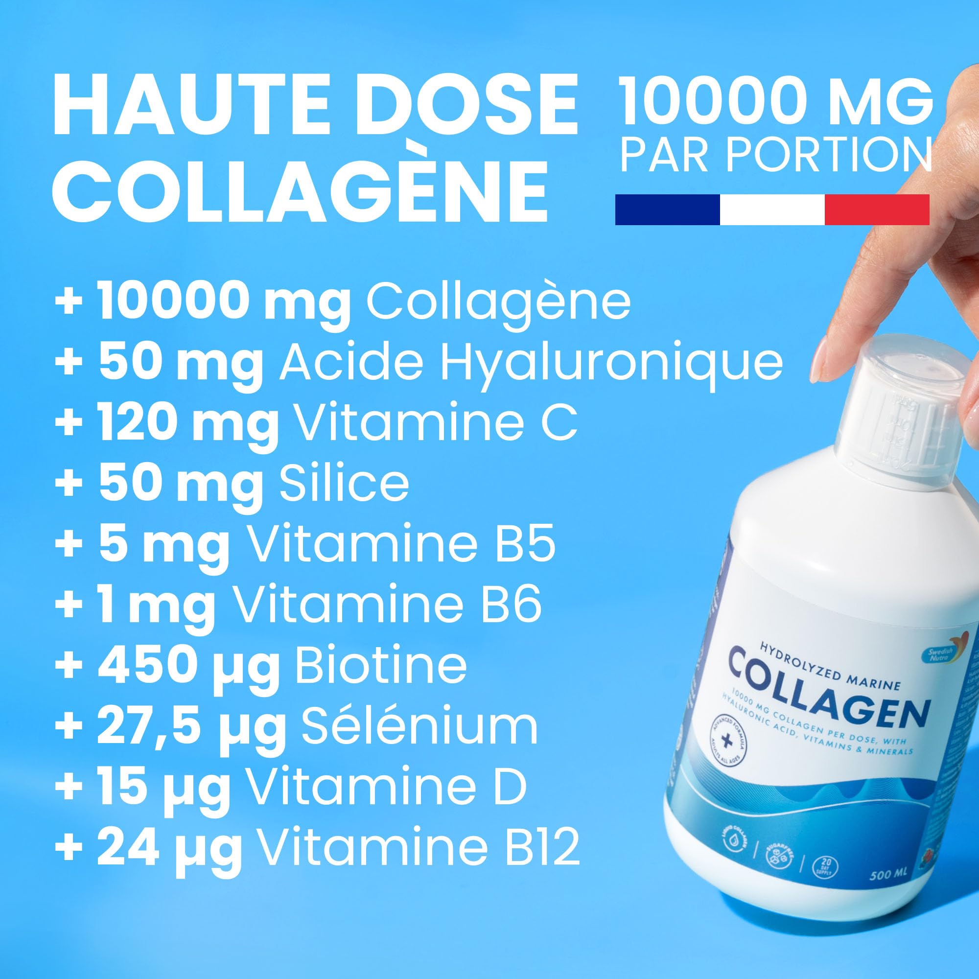 Swedish Nutra Collagène Marin 10.000 mg Liquide, 500 ml, 20 jours | Collagène marin 10 000 mg avec acide hyaluronique, biotine et vitamine C pour cheveux, peau, ongles et articulations